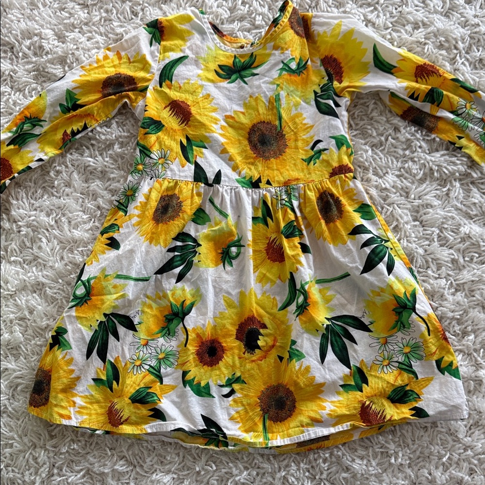 Sunflower Print Long-Sleeve Kids Dress - Yellow Floral